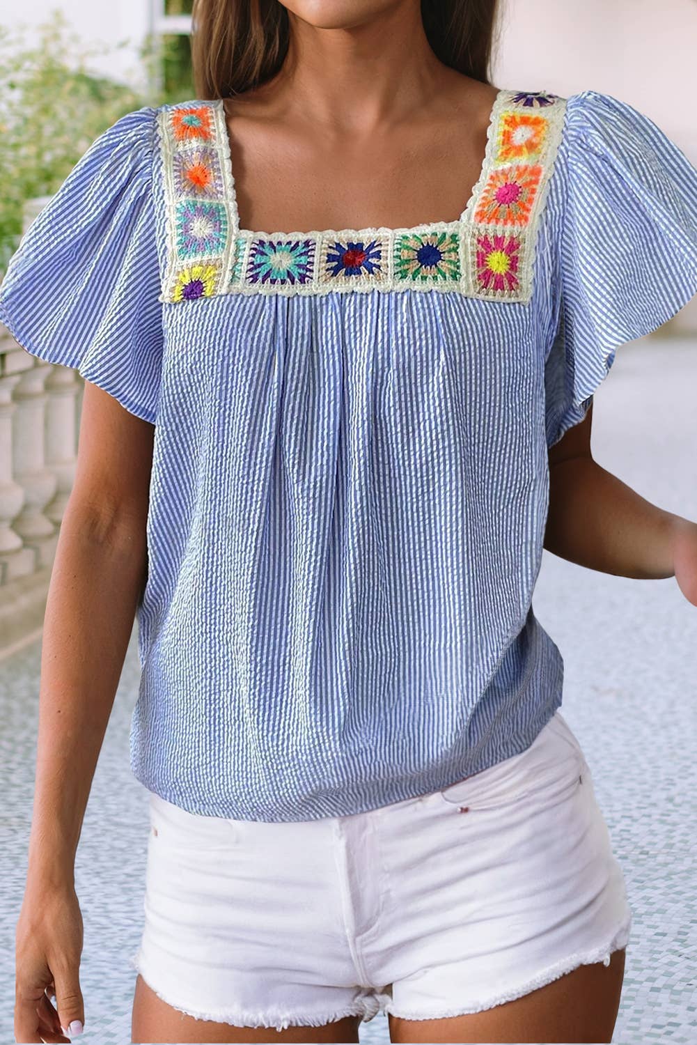 LDC Stripe Textured Ruffle Short Sleeve Boho Detail Blouse