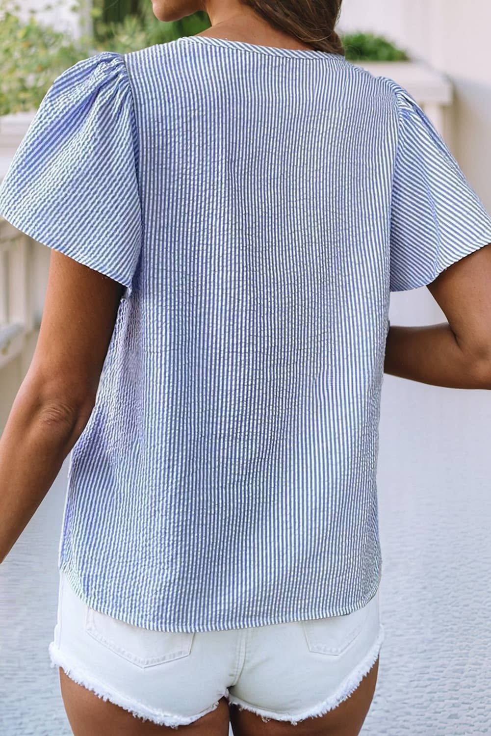 LDC Stripe Textured Ruffle Short Sleeve Boho Detail Blouse