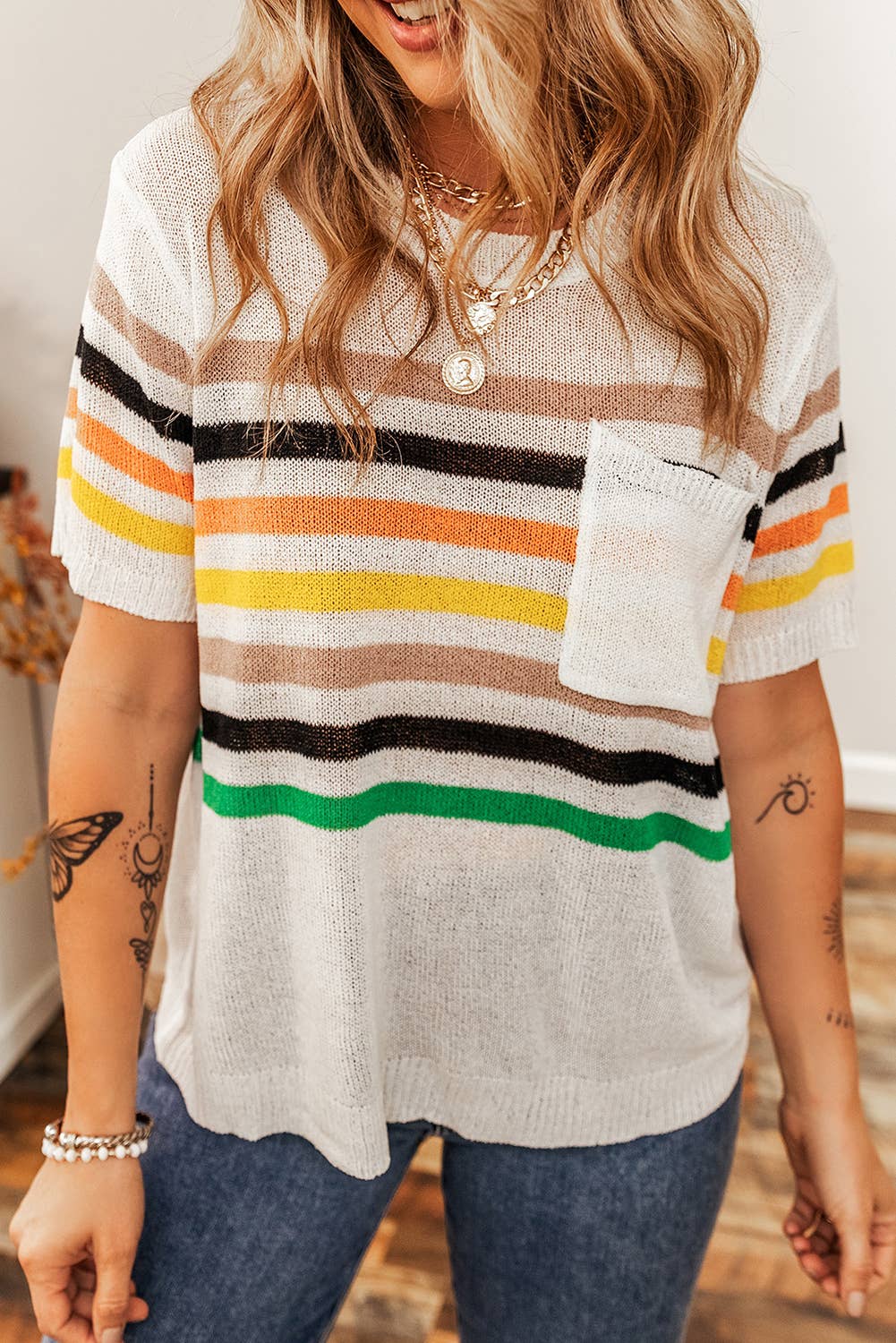 LDC Striped Pocketed Loose Fit Crewneck Knitted T Shirt