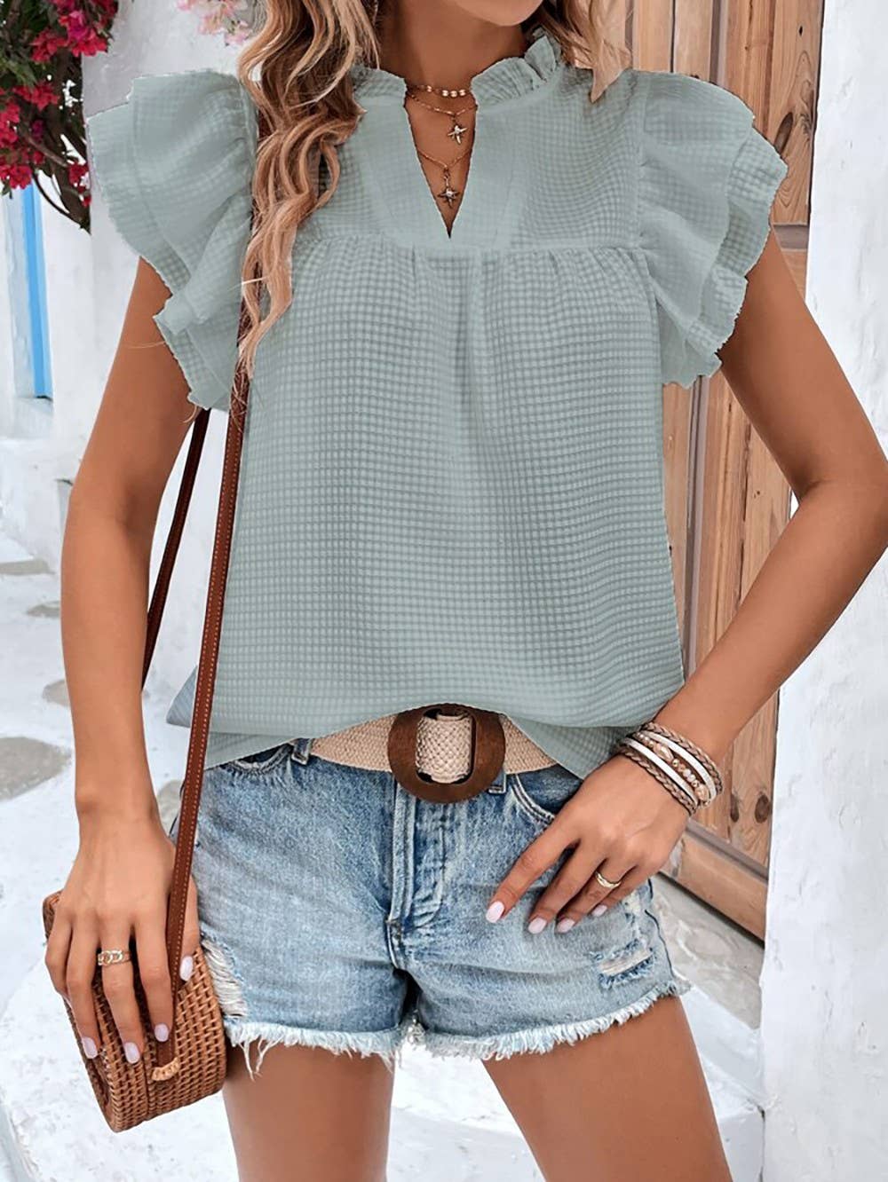 Ruffle Sleeve Blouse - V Neckline