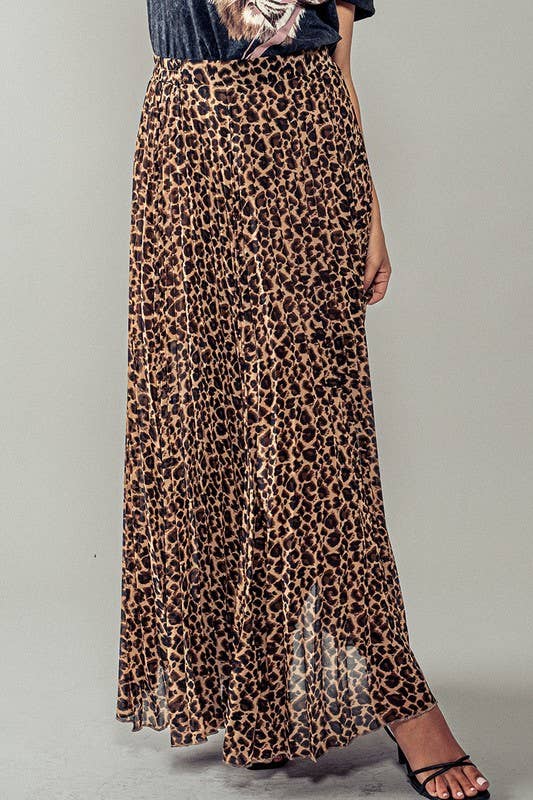 LEOPARD ANIMAL PRINT PLEATED MIDI SKIRT
