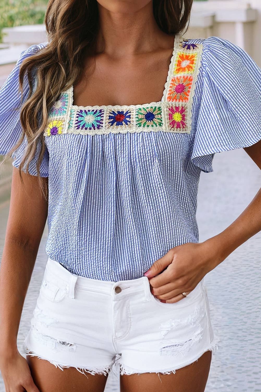 LDC Stripe Textured Ruffle Short Sleeve Boho Detail Blouse