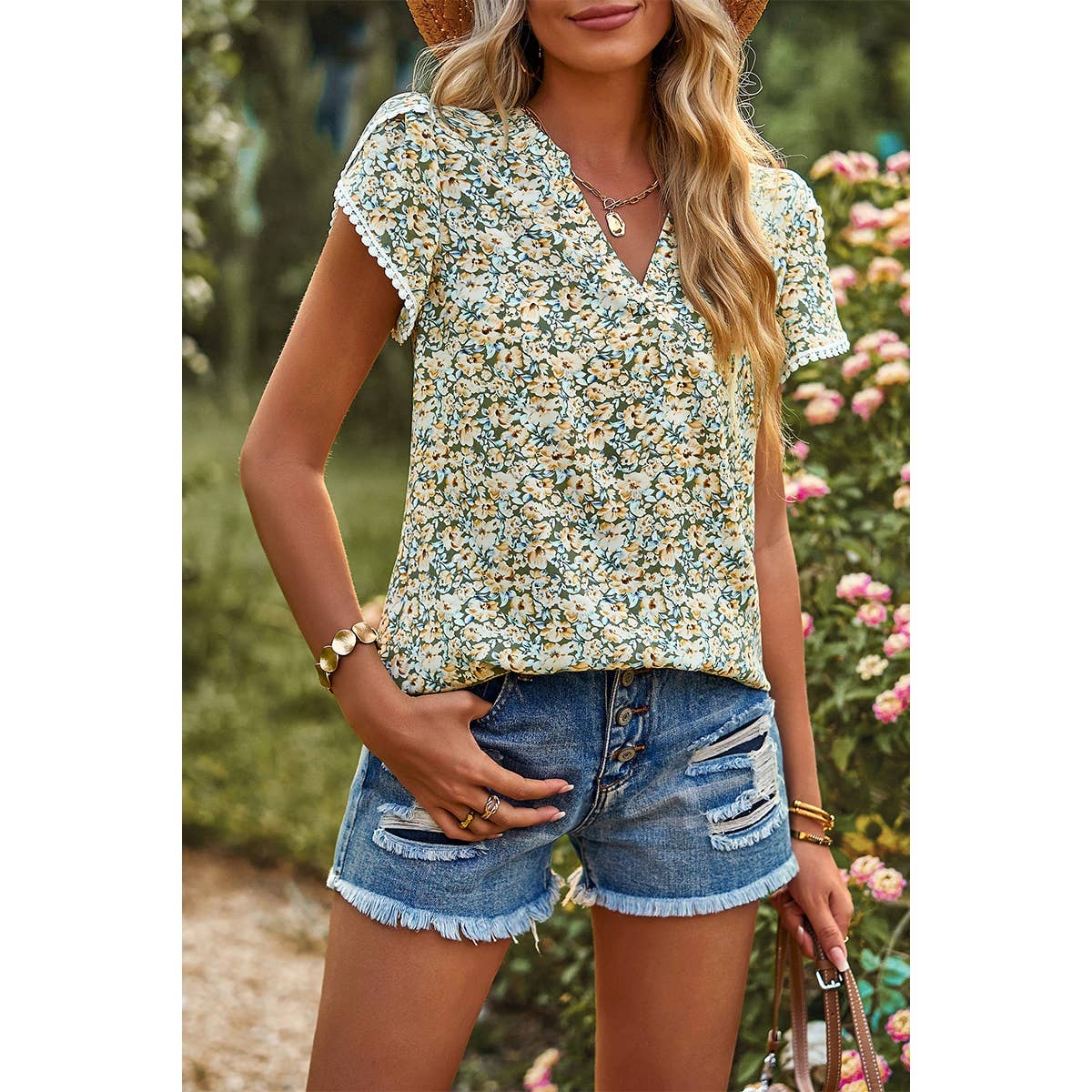 Floral Print V Neck Flutter Sleeve Top