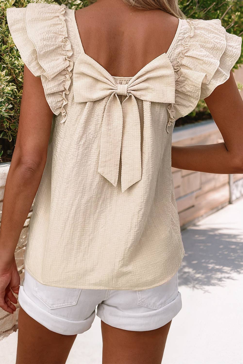 LDC Textured Bow Knot Frilled Butterfly Sleeve Blouse