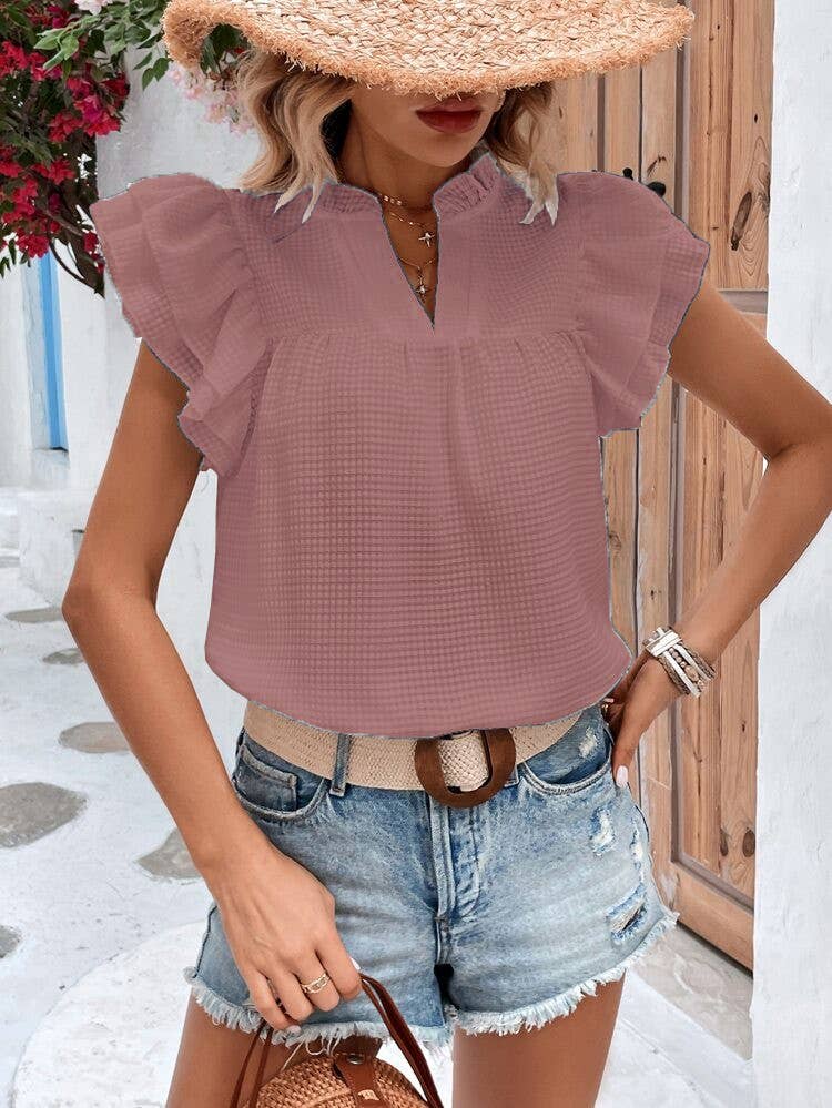 Ruffle Sleeve Blouse - V Neckline