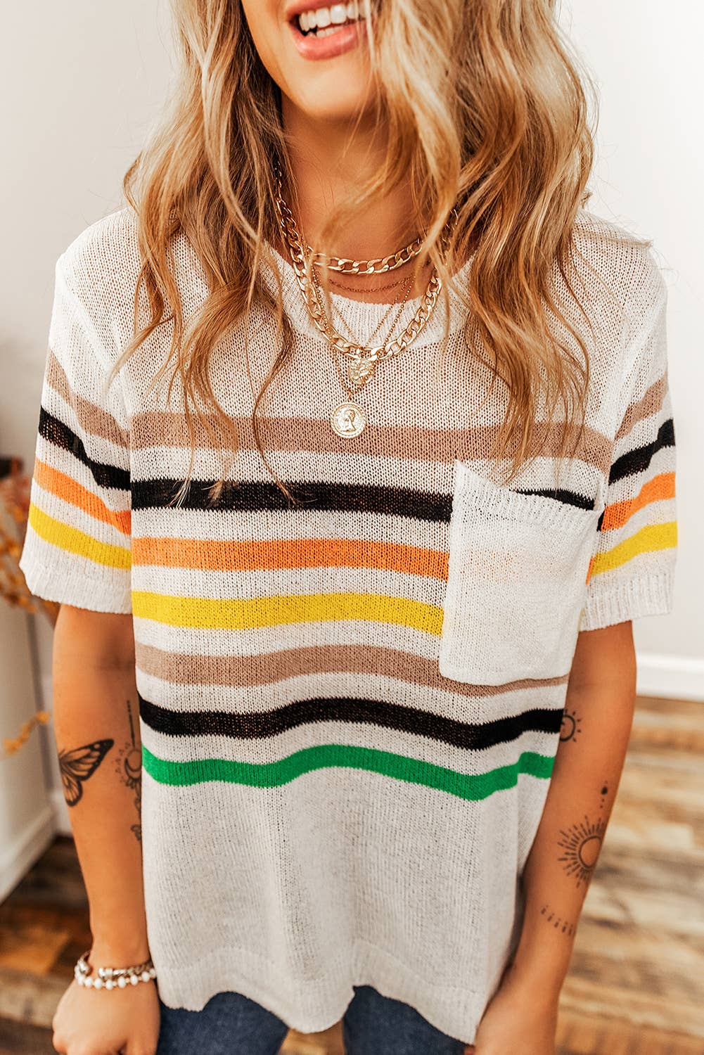 LDC Striped Pocketed Loose Fit Crewneck Knitted T Shirt