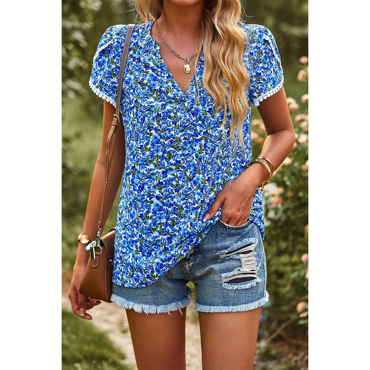 Floral Print V Neck Flutter Sleeve Top