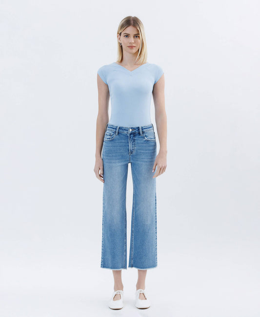 HIGH RISE RAW HEM CROP SLIM WIDE LEG JEANS LV1687