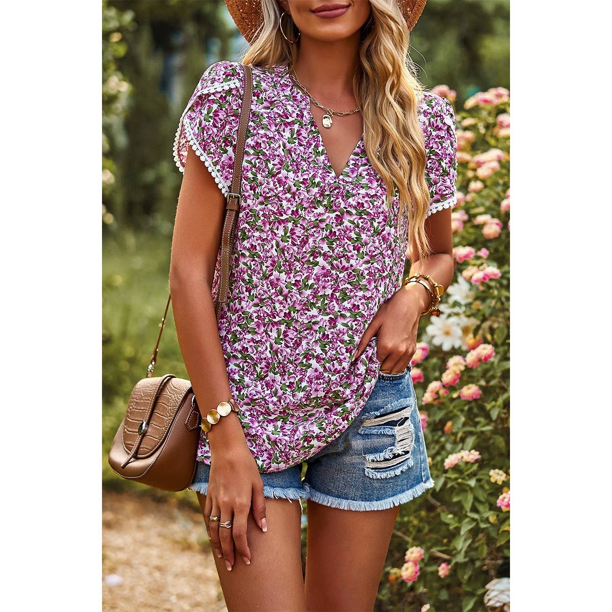 Floral Print V Neck Flutter Sleeve Top