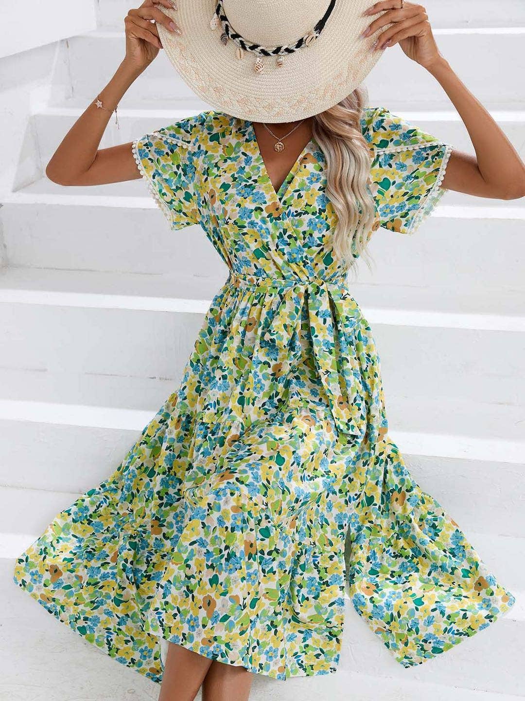 V-neck Tulip Sleeve Wrap Dress