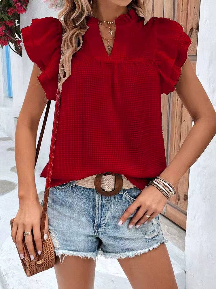 Ruffle Sleeve Blouse - V Neckline
