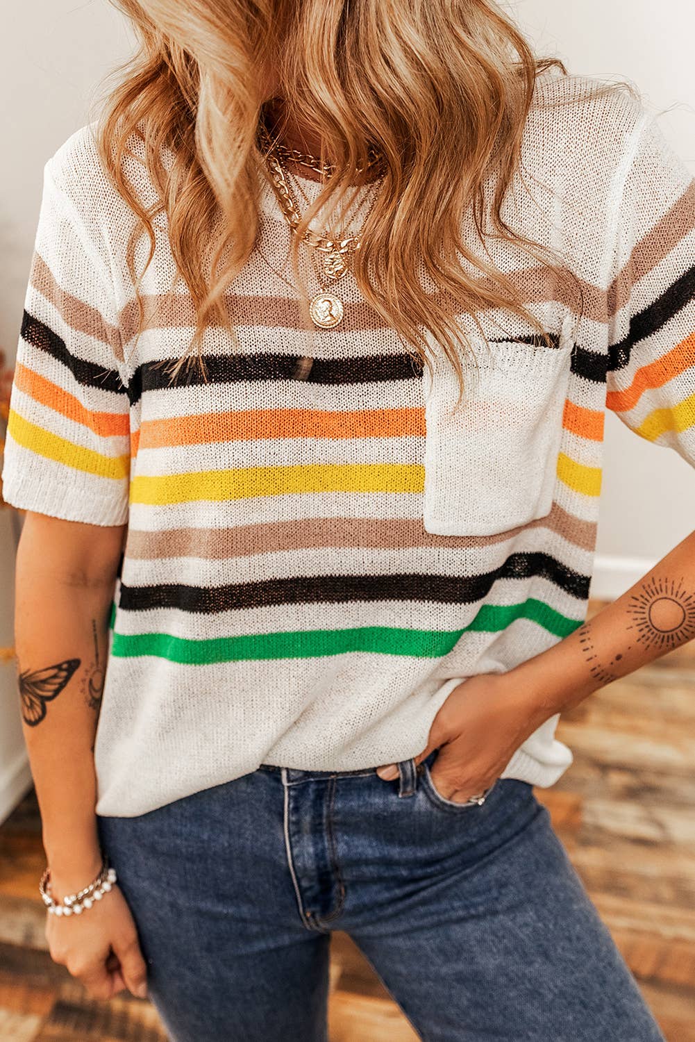 LDC Striped Pocketed Loose Fit Crewneck Knitted T Shirt
