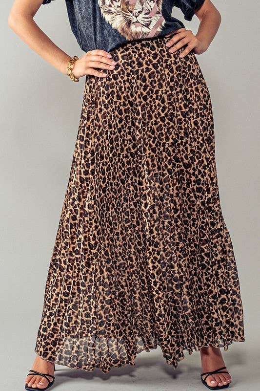 LEOPARD ANIMAL PRINT PLEATED MIDI SKIRT