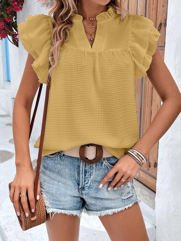 Ruffle Sleeve Blouse - V Neckline
